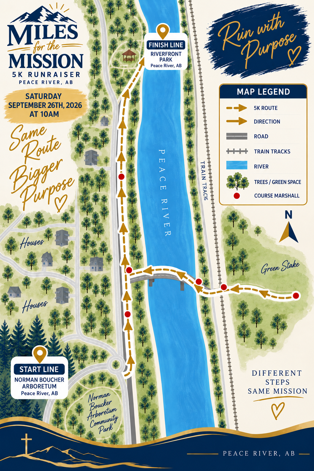 Miles for the Mission 5K course map: start at Normand Boucher Arboretum, route along the Peace River, finish at Riverfront Park